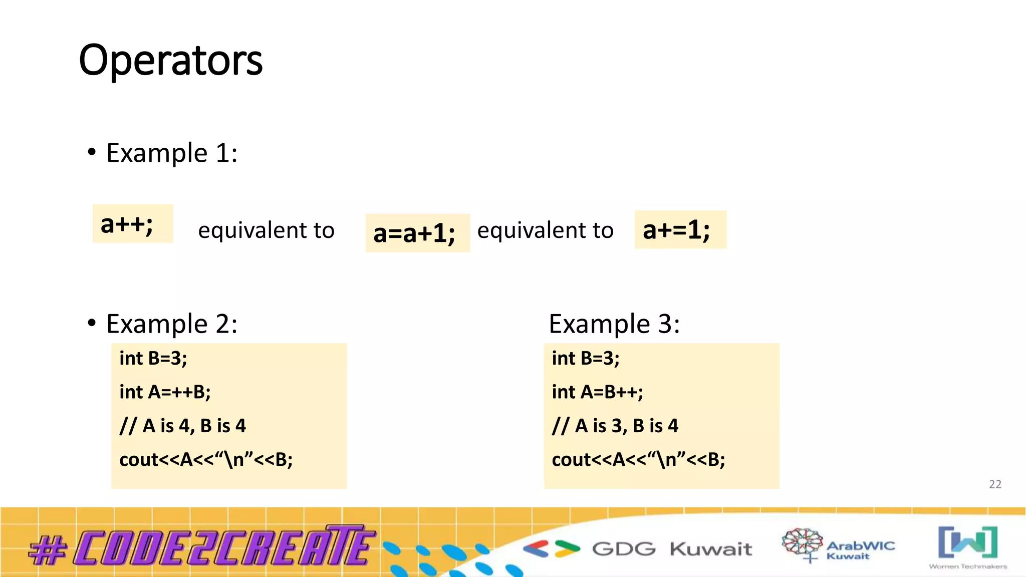 Operators
• Example 1:
equivalent to equivalent to
• Example 2: Example 3:
22
a++; a=a+1; a+=1;
int B=3;
int A=++B;
// A is 4, B is 4
cout<<A<<“n”<<B;
int B=3;
int A=B++;
// A is 3, B is 4
cout<<A<<“n”<<B;
 