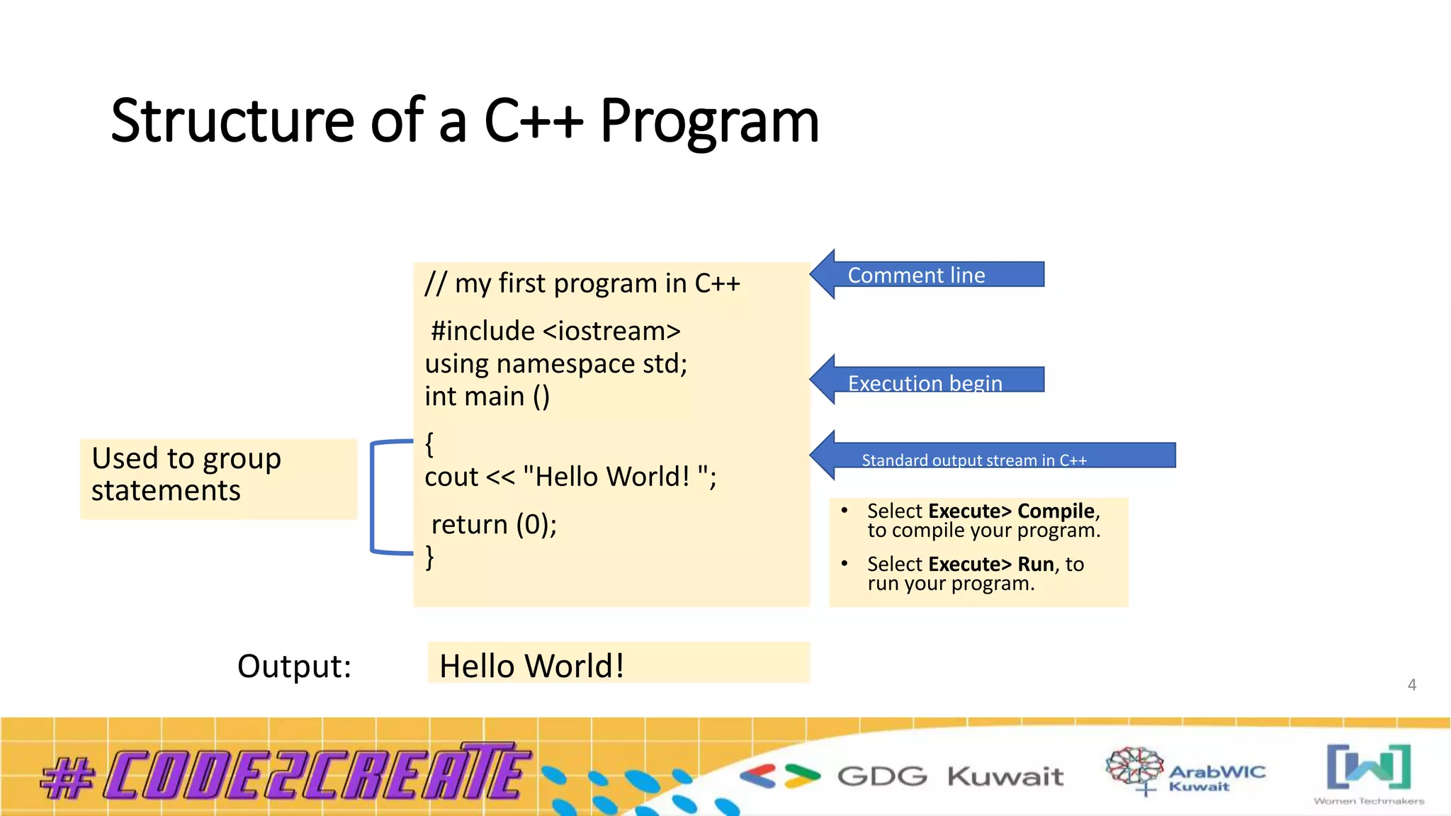 Structure of a C++ Program
4
// my first program in C++
#include <iostream>
using namespace std;
int main ()
{
cout << "Hello World! ";
return (0);
}
Used to group
statements
Comment line
Execution begin
Standard output stream in C++
• Select Execute> Compile,
to compile your program.
• Select Execute> Run, to
run your program.
Hello World!
Output:
 