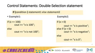 Control Statements: Double-Selection statement
• Example1: Example2:
27
If (condition ) statement1 else statement2
if (x == 100)
cout << "x is 100";
else
cout << "x is not 100";
if (x > 0)
cout << "x is positive";
else if (x < 0)
cout << "x is negative";
else
cout << "x is 0";
 