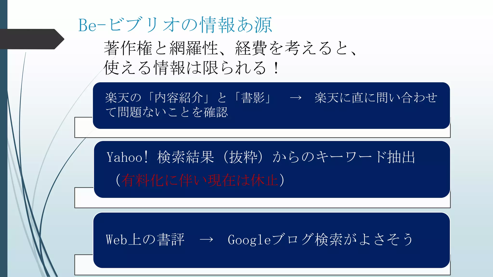 Be-ビブリオの情報あ源
楽天の「内容紹介」と「書影」 → 楽天に直に問い合わせ
て問題ないことを確認
Yahoo! 検索結果（抜粋）からのキーワード抽出
（有料化に伴い現在は休止）
Web上の書評 → Googleブログ検索がよさそう
著作権と網羅性、経費を考えると、
使える情報は限られる！
 