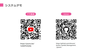 システムデモ
デモ動画 GitHub
https://youtu.be/
7x0WPhSFJ9Q
https://github.com/ohnuno/
Author_Symbol_Management
_System
 