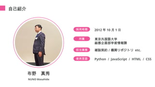 自己紹介
布野 真秀
NUNO Masahide
所属 東京外国語大学
総務企画部学術情報課
採用時期 2012 年 10 月 1 日
担当業務 雑誌契約／機関リポジトリ etc.
使用言語 Python ／ JavaScript ／ HTML ／ CSS
 