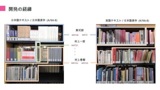 開発の経緯
日本語テキスト / 日本語原作 (A/9A-8)
紫式部
M972B
英語テキスト / 日本語原作 (K/9A-8)
M972
村上一郎
M972C
村上春樹
M972G M972A
 