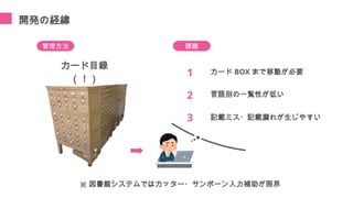 開発の経緯
管理方法
カード目録
（！）
課題
1
2
3
カード BOX まで移動が必要
言語別の一覧性が低い
記載ミス・記載漏れが生じやすい
※ 図書館システムではカッター・サンボーン入力補助が限界
 