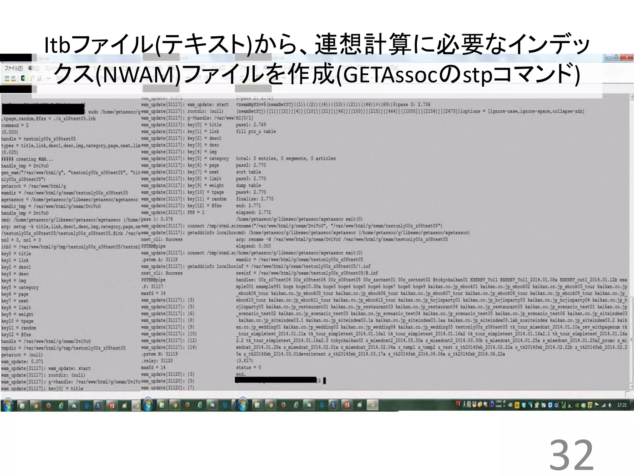 Itbファイル(テキスト)から、連想計算に必要なインデッ 
クス(NWAM)ファイルを作成(GETAssocのstpコマンド) 
32 
 