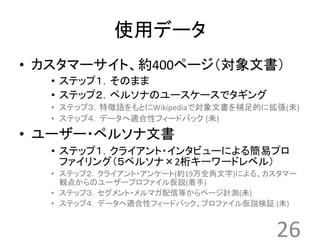 使用データ 
• カスタマーサイト、約400ページ（対象文書） 
• ステップ１．そのまま 
• ステップ２．ペルソナのユースケースでタギング 
• ステップ３．特徴語をもとにWikipediaで対象文書を補足的に拡張(未) 
• ステップ４．データへ適合性フィードバック(未) 
• ユーザー・ペルソナ文書 
• ステップ１．クライアント・インタビューによる簡易プロ 
ファイリング（５ペルソナ×2桁キーワードレベル） 
• ステップ２．クライアント・アンケート(約19万全角文字)による、カスタマー 
観点からのユーザープロファイル仮説(着手) 
• ステップ３．セグメント・メルマガ配信等からページ計測(未) 
• ステップ４．データへ適合性フィードバック、プロファイル仮説検証(未) 
26 
 
