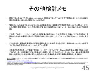 その他検討メモ 
• 認知行動上のコンテキスト(背景として目的/動因構成) で動的なサジェスチョンを提供する際の、ファセット(※1)の切り 
替え時に着眼。（仮にこれを認知ファセットと呼ぶ） 
• 「認知ファセット」の切り替えにおいて、ある知的能動態(もしくは複数)が探索的な状況におかれた際、オートマト 
ン様の試行錯誤(認知ファセットの切り替え)が単体または相互にいわばチューナー的に行われる、という仮説を 
置く 
• その際、そのチューナー的オートマトンの作用対象の粒度において、状況感知、その複合としての感性形成、表 
現のシンボル化や構造化・概念化（認知体の内または外に向けたそれ）、といった形成のレイヤーがあると考え 
る 
• そこにおける、実際の現象（認知の正誤や差異の発生）、および、それらの発生・変容のシミュレーションの研究 
やビジネスの可能性（コミュニケーションモデルも関係） 
• 中長期的な応用分野として意識する方面： ビッグデータやリンクドデータ(web)の活用機会、環境や社会サステ 
イナビリティ等、制約を設けたビジネス機会性・継続性・リスク分析、また、(ソーシャルバリューまた消費対象を流 
動または固定された認知対象と置いた場合の)社会や市場の形成・変容・循環の課題抽出と機会創出 
※１ ファセット自体について、ここでは下記のようなメカニカルな機能としてのファセッティングという意味で用います。インデックスされた検索対象をインデックスによりカテゴライズされた 
表示を提供するメカニズム。 
https://cwiki.apache.org/confluence/display/solr/Faceting 
から引用： As described in the section Overview of Searching in Solr, faceting is the arrangement of search results into categories based on indexed terms. Searchers are presented with the 
indexed terms, along with numerical counts of how many matching documents were found were each term. Faceting makes it easy for users to explore search results, narrowing in on 
exactly the results they are looking for. 
45 
Copyright © DAYPLA Corporation All rights reserved. 
 