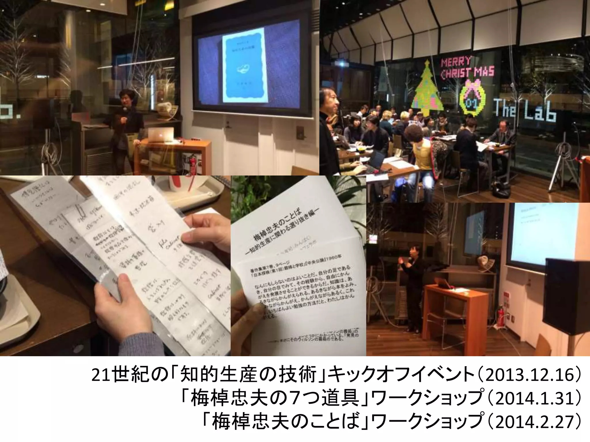 21世紀の「知的生産の技術」キックオフイベント（2013.12.16） 
「梅棹忠夫の７つ道具」ワークショップ（2014.1.31） 
「梅棹忠夫のことば」ワークショップ（2014.2.27） 
 