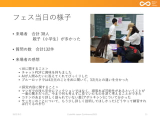 フェス当日の様子
• 来場者 合計 38人
親子（小学生）が多かった
• 質問の数 合計132件
• 来場者の感想
＜AIに関すること＞
• チャットPDFに興味を持ちました
• AIが人間みたいに答えてくれてびっくりした
• ブルーロックでは4次元のことをAIに聞いて、3次元との違いを分かった
＜探究内容に関すること＞
• マンガでの技も完全にフィクションではなく、頑張れば可能性があるということが
一番の驚きだった。今まで何も考えずに見ていたものを深く考えることができた
• コナンのあまり詳しく語られていない薬(アポトキシン)について分かった
• サッカーのことについて、もう少し詳しく説明してほしかった(どうやって練習すれ
ば打てるのか?)
2023/9/3 Code4lib Japan Conference2023 21
 