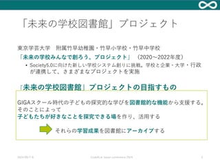 「未来の学校図書館」プロジェクト
東京学芸大学 附属竹早幼稚園・竹早小学校・竹早中学校
「未来の学校みんなで創ろう。プロジェクト」 （2020～2022年度）
• Society5.0に向けた新しい学校システム創りに挑戦。学校と企業・大学・行政
が連携して、さまざまなプロジェクトを実施
「未来の学校図書館」プロジェクトの目指すもの
GIGAスクール時代の子どもの探究的な学びを図書館的な機能から支援する。
そのことによって
子どもたちが好きなことを探究できる場を作り、活用する
それらの学習成果を図書館にアーカイブする
2024/09/7-8 Code4Lib Japan conference 2024 3
 