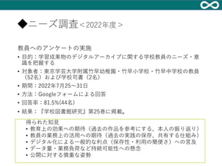 ◆ニーズ調査＜2022年度＞
教員へのアンケートの実施
• 目的：学習成果物のデジタルアーカイブに関する学校教員のニーズ・意
識を把握する
• 対象者：東京学芸大学附属竹早幼稚園・竹早小学校・竹早中学校の教員
（52名）および学校司書（2名）
• 期間：2022年7月25～31日
• 方法：Googleフォームによる回答
• 回答率：81.5%(44名)
• 結果：『学校図書館研究』第25巻に掲載。
2024/09/7-8 Code4Lib Japan conference 2024 5
得られた知見
• 教育上の効果への期待（過去の作品を参考にする、本人の振り返り）
• 教員の業務上の活用への期待（過去の実践の保存、共有する仕組み）
• デジタル化による一般的な利点（保存性・利用の簡便さ）への言及
• データ量・業務負荷など持続可能性への懸念
• 公開に対する慎重な姿勢
 