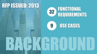 RFP ISSUED: 2013 
32 
9 
FUNCTIONAL 
REQUIREMENTS 
USE CASES 
BACKGROUND 
 