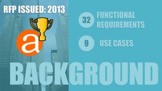 32 
9 
FUNCTIONAL 
REQUIREMENTS 
USE CASES 
RFP ISSUED: 2013 
BACKGROUND 
 
