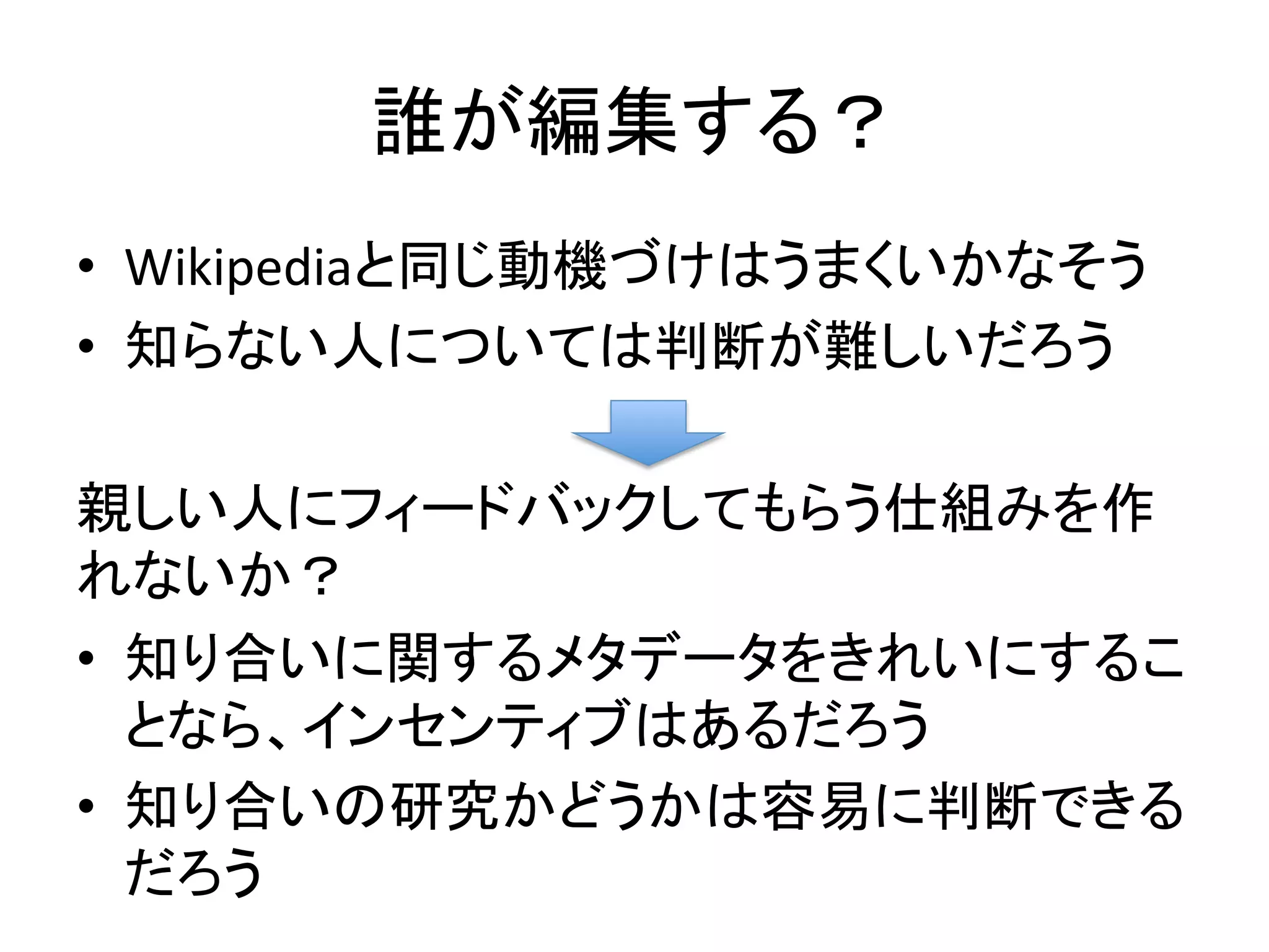 誰が編集する？	
•  Wikipediaと同じ動機づけはうまくいかなそう	
  
•  知らない人については判断が難しいだろう	
  
	
  
親しい人にフィードバックしてもらう仕組みを作
れないか？	
  
•  知り合いに関するメタデータをきれいにするこ
となら、インセンティブはあるだろう	
  
•  知り合いの研究かどうかは容易に判断できる
だろう	
 