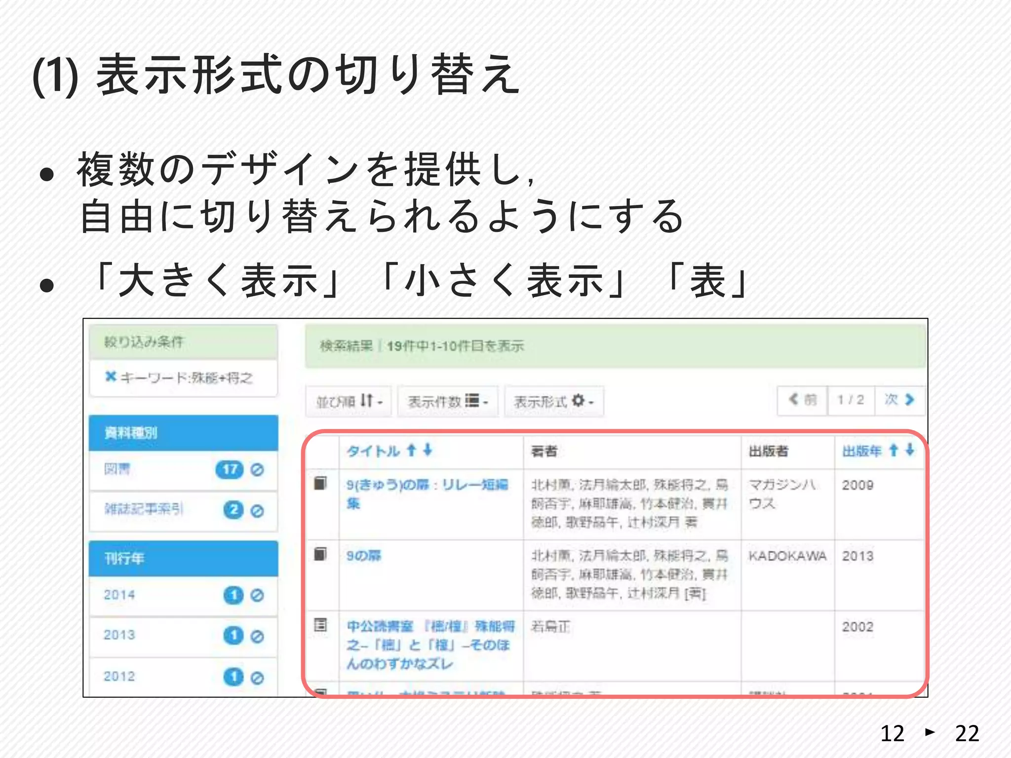  複数のデザインを提供し，
自由に切り替えられるようにする
 「大きく表示」「小さく表示」「表」
(1) 表示形式の切り替え
2212
 