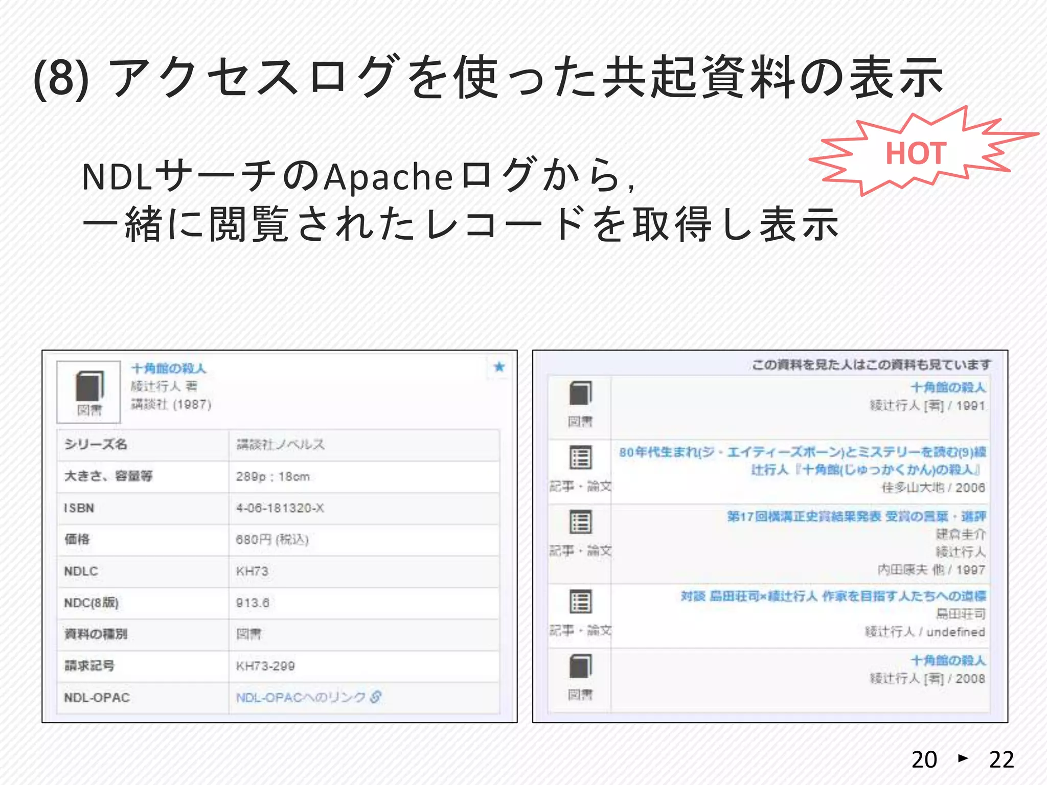 (8) アクセスログを使った共起資料の表示
2220
NDLサーチのApacheログから，
一緒に閲覧されたレコードを取得し表示
HOT
 