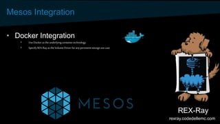 Mesos Integration
• Docker Integration
• UseDocker asthe underlyingcontainertechnology
• SpecifyREX-Ray astheVolume Driver...