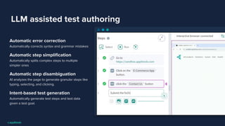 LLM assisted test authoring
Automatic error correction
Automatically corrects syntax and grammar mistakes
Automatic step simpliﬁcation
Automatically splits complex steps to multiple
simpler ones
Automatic step disambiguation
AI analyzes the page to generate granular steps like
typing, selecting, and clicking.
Intent-based test generation
Automatically generate test steps and test data
given a test goal.
 