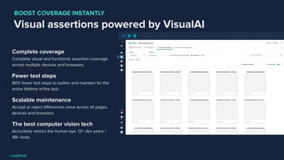Visual assertions powered by VisualAI
Complete coverage
Complete visual and functional assertion coverage
across multiple devices and browsers.
Fewer test steps
80% fewer test steps to author and maintain for the
entire lifetime of the test.
Scalable maintenance
Accept or reject diﬀerences once across all pages,
devices and browsers
The best computer vision tech
Accurately mimics the human eye. 12+ dev years /
4B+ tests.
BOOST COVERAGE INSTANTLY
 