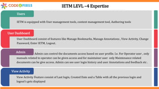 IETM is equipped with User management tools, content management tool, Authoring tools
Users
User Dashboard consist of features like Manage Bookmarks, Manage Annotations , View Activity, Change
Password, Enter IETM, Logout.
User Dashboard
Admin can control the documents access based on user profile. I.e. For Operator user , only
manuals related to operator can be given access and for maintainer user only Maintenance related
documents can be give access. Admin can see user login history and user Annotations and feedback etc .
Admin
View Activity Feature consist of Last login, Created Date and a Table with all the previous login and
logout’s gets displayed
View Activity
IETM LEVL –4 Expertise
 