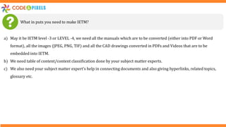What in puts you need to make IETM?
a) May it be IETM level -3 or LEVEL -4, we need all the manuals which are to be converted (either into PDF or Word
format), all the images (JPEG, PNG, TIF) and all the CAD drawings converted in PDFs and Videos that are to be
embedded into IETM.
b) We need table of content/content classification done by your subject matter experts.
c) We also need your subject matter expert’s help in connecting documents and also giving hyperlinks, related topics,
glossary etc.
 