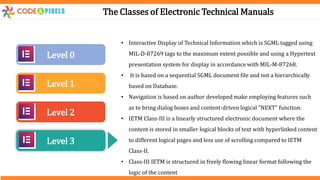 The Classes of Electronic Technical Manuals
Level 0
Level 1
Level 2
Level 3
• Interactive Display of Technical Information which is SGML tagged using
MIL-D-87269 tags to the maximum extent possible and using a Hypertext
presentation system for display in accordance with MIL-M-87268.
• It is based on a sequential SGML document file and not a hierarchically
based on Database.
• Navigation is based on author developed make employing features such
as to bring dialog boxes and content-driven logical "NEXT" function.
• IETM Class-III is a linearly structured electronic document where the
content is stored in smaller logical blocks of text with hyperlinked content
to different logical pages and less use of scrolling compared to IETM
Class-II.
• Class-III IETM is structured in freely flowing linear format following the
logic of the content
 