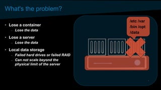 What's the problem?
• Lose a container
– Lose the data
• Lose a server
– Lose the data
• Local data storage
– Failed hard drives or failed RAID
– Can not scale beyond the
physical limit of the server
/etc /var
/bin /opt
/data
 