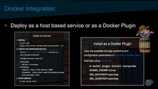 Docker Integration
• Deploy as a host based service or as a Docker Plugin
Available in the Docker Store
 