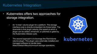 Kubernetes Integration
• Kubernetes offers two approaches for
storage integration.
• An “in-tree” volume plugin for a platform. The storage
interface code is directly embedded into Kubernetes. The
downside is that plugin velocity (the speed at which a
plugin can be added, enhanced, or patched) is gated by
the Kubernetes release cycle.
• The second approach is to leverage the FlexVolume
volume plugin. This plugin uses externally installed and
managed software to handle basic
Attach/Detach/Mount/Unmount storage operations.
 