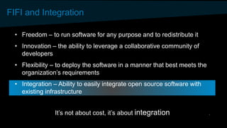 FIFI and Integration
• Freedom – to run software for any purpose and to redistribute it
• Innovation – the ability to leverage a collaborative community of
developers
• Flexibility – to deploy the software in a manner that best meets the
organization’s requirements
• Integration – Ability to easily integrate open source software with
existing infrastructure
It’s not about cost, it’s about integration
 