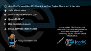 codedellemc.com
community.codedellemc.com
@codeDellEMC
blog.codedellemc.com
{code} by Dell EMC is a group of
passionate open source engineers and
advocates working to build a
community around software-based
infrastructure.
rexray.codedellemc.com
github.com/codedellemc/labs
vLab (For Partners) Use REX-Ray & ScaleIO w/ Docker, Mesos and Kubernetes
 