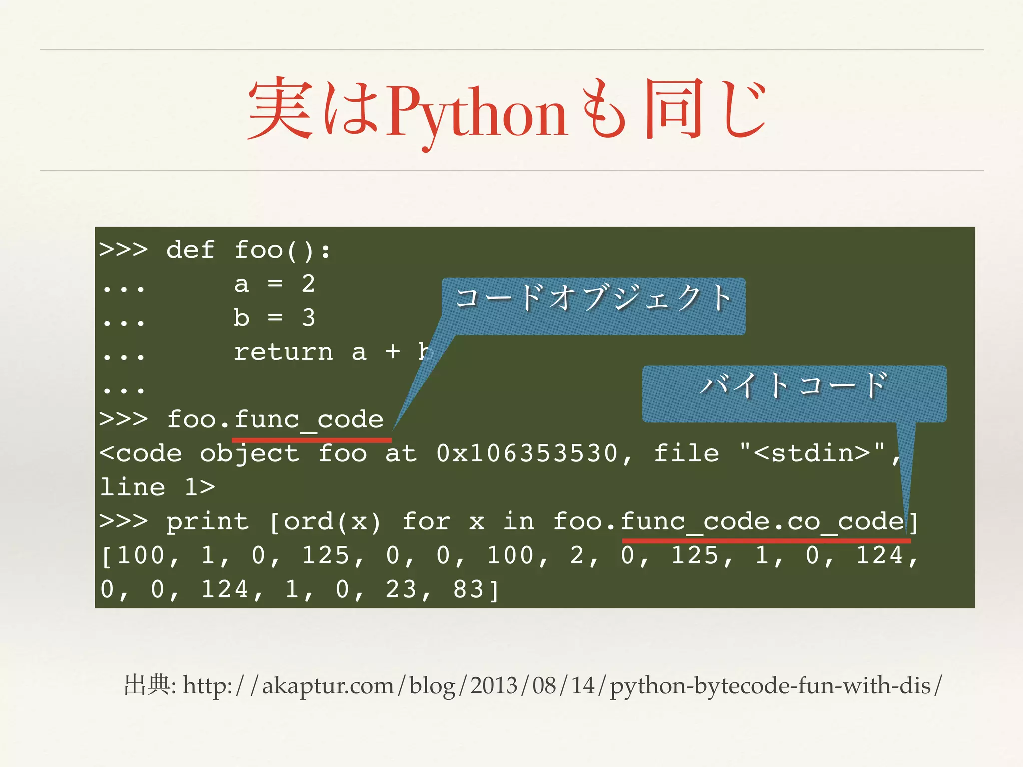 Python
: http://akaptur.com/blog/2013/08/14/python-bytecode-fun-with-dis/
>>> def foo():
... a = 2
... b = 3
... return a + b
...
>>> foo.func_code
<code object foo at 0x106353530, file "<stdin>",
line 1>
>>> print [ord(x) for x in foo.func_code.co_code]
[100, 1, 0, 125, 0, 0, 100, 2, 0, 125, 1, 0, 124,
0, 0, 124, 1, 0, 23, 83]
 