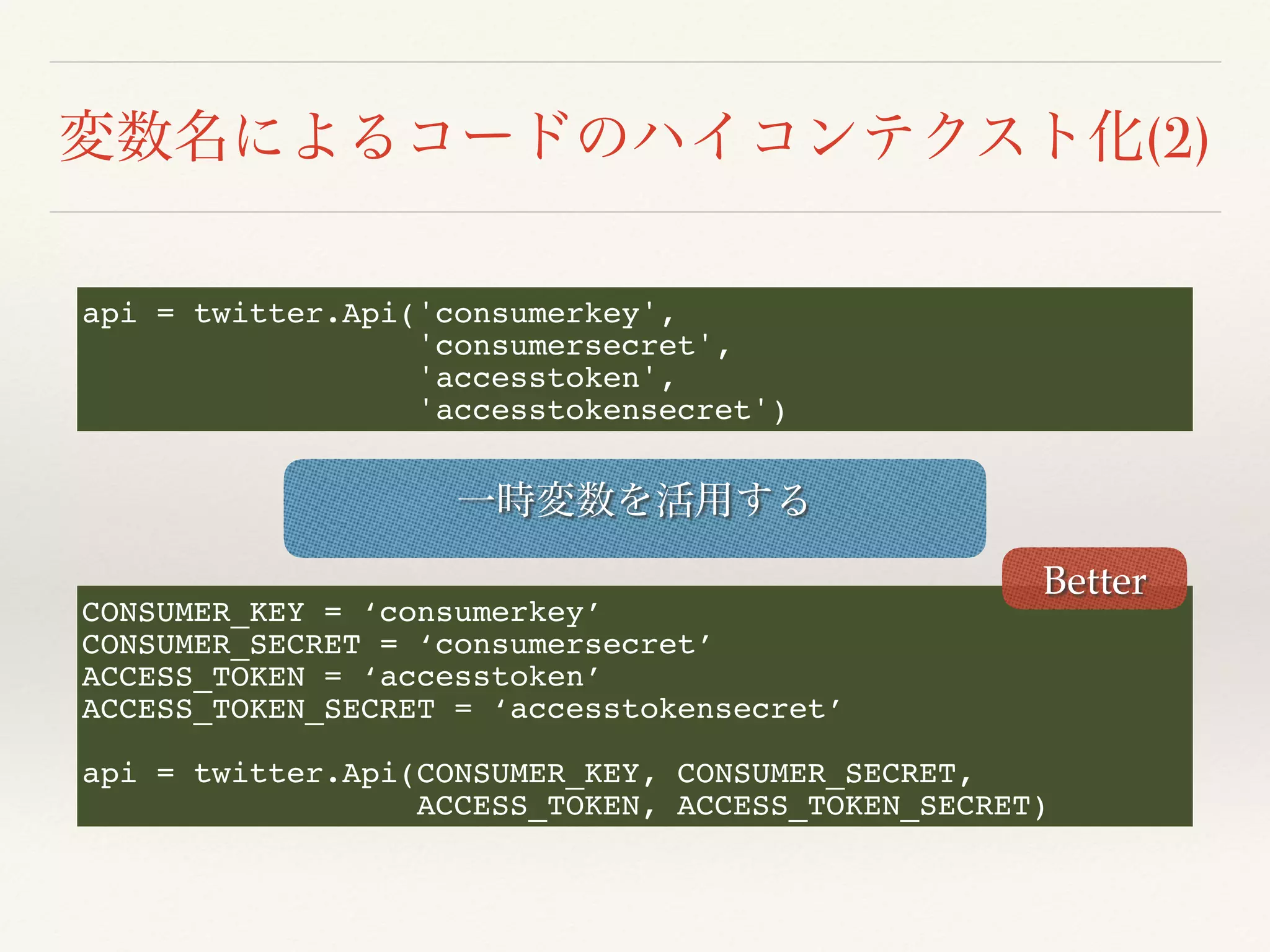(2)
api = twitter.Api('consumerkey',
'consumersecret',
'accesstoken',
'accesstokensecret')
CONSUMER_KEY = ‘consumerkey’
CONSUMER_SECRET = ‘consumersecret’
ACCESS_TOKEN = ‘accesstoken’
ACCESS_TOKEN_SECRET = ‘accesstokensecret’
api = twitter.Api(CONSUMER_KEY, CONSUMER_SECRET,
ACCESS_TOKEN, ACCESS_TOKEN_SECRET)
Better
 