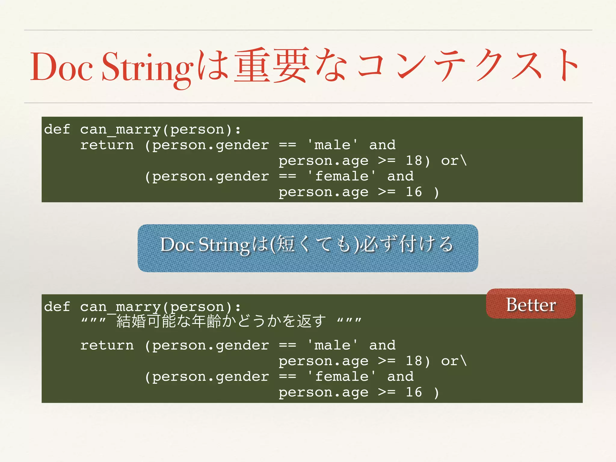 Doc String
def can_marry(person):
“”” “””
return (person.gender == 'male' and
person.age >= 18) or
(person.gender == 'female' and
person.age >= 16 )
Better
def can_marry(person):
return (person.gender == 'male' and
person.age >= 18) or
(person.gender == 'female' and
person.age >= 16 )
Doc String ( )
 