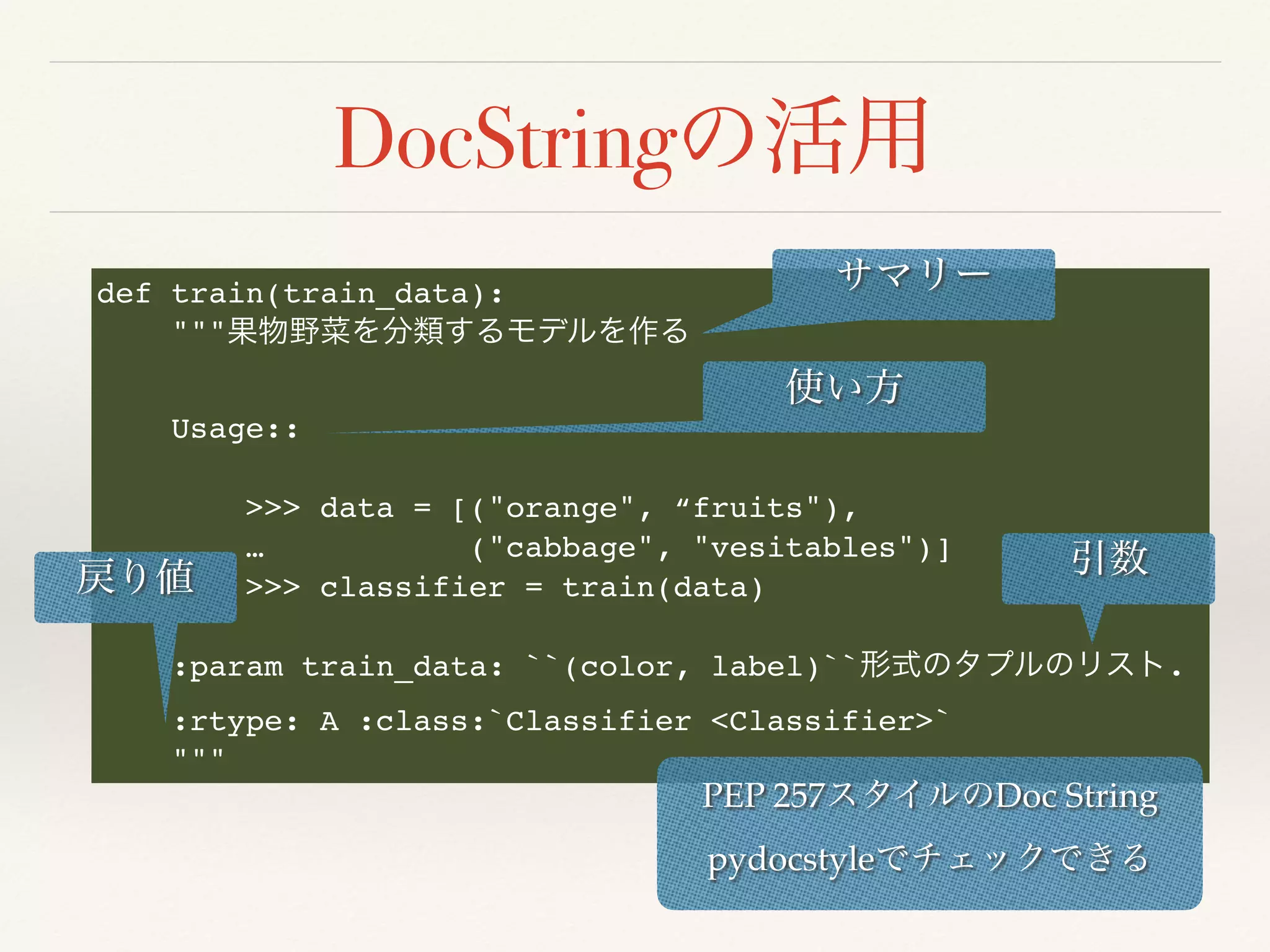 DocString
def train(train_data):
"""
Usage::
>>> data = [("orange", “fruits"),
… ("cabbage", "vesitables")]
>>> classifier = train(data)
:param train_data: ``(color, label)`` .
:rtype: A :class:`Classifier <Classifier>`
"""
PEP 257 Doc String
pydocstyle
 