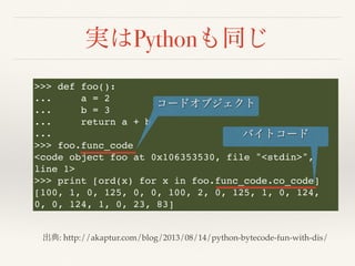 Python
: http://akaptur.com/blog/2013/08/14/python-bytecode-fun-with-dis/
>>> def foo():
... a = 2
... b = 3
... return a + b
...
>>> foo.func_code
<code object foo at 0x106353530, file "<stdin>",
line 1>
>>> print [ord(x) for x in foo.func_code.co_code]
[100, 1, 0, 125, 0, 0, 100, 2, 0, 125, 1, 0, 124,
0, 0, 124, 1, 0, 23, 83]
 