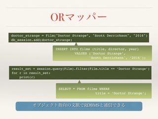 OR
doctor_strange = Film("Doctor Strange”, "Scott Derrickson", "2016")
db_session.add(doctor_strange)
result_set = session.query(Film).filter(Film.title == ‘Doctor Strange’)
for r in result_set:
print(r)
INSERT INTO films (title, director, year)
VALUES ('Doctor Strange’,
'Scott Derrickson', ‘2016');
SELECT * FROM films WHERE
title = ‘Doctor Strange’;
RDBMS
 