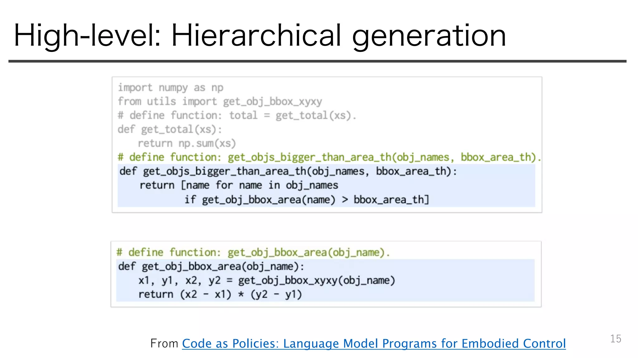 High-level: Hierarchical generation
15
From Code as Policies: Language Model Programs for Embodied Control
 