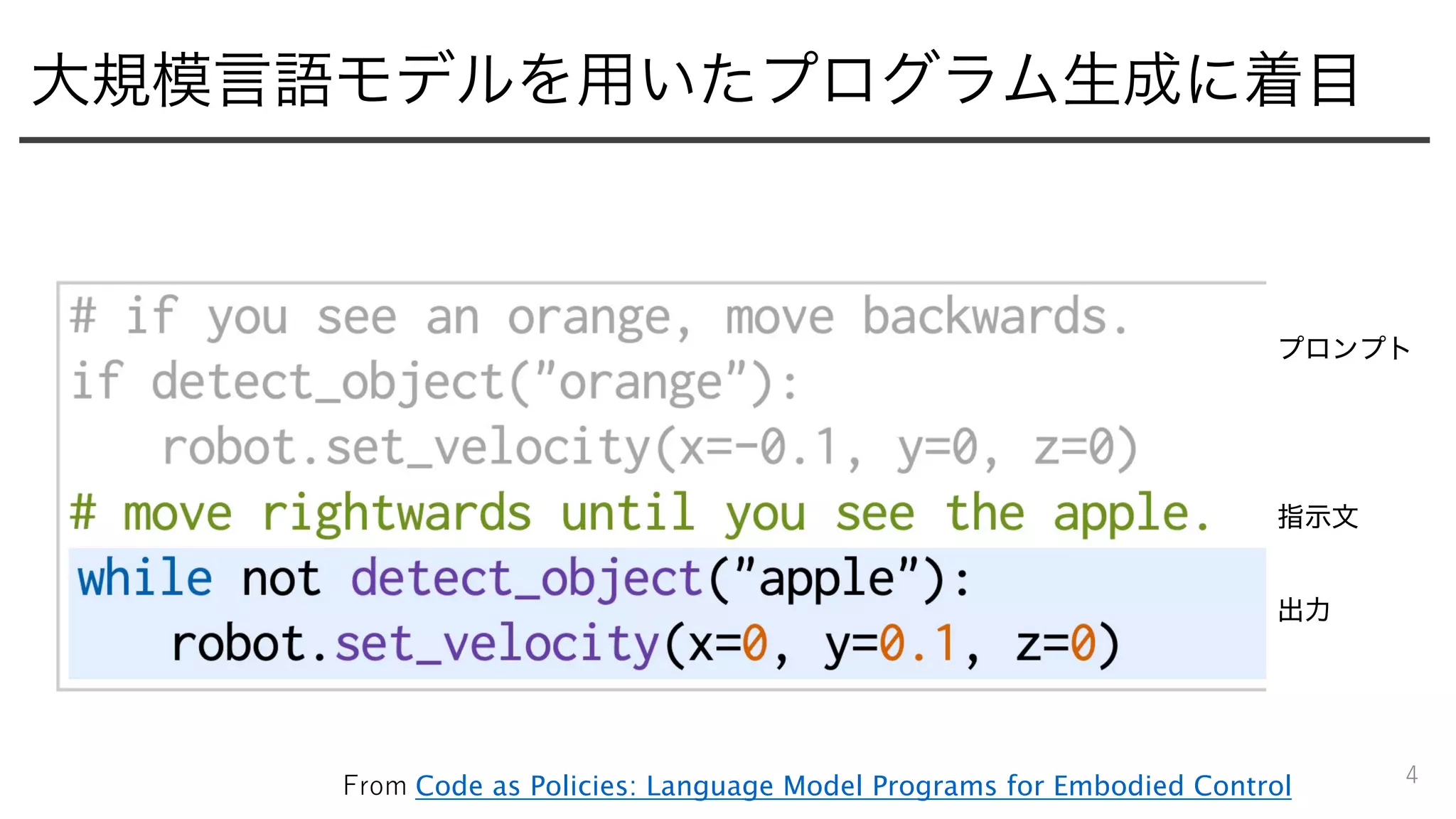 大規模言語モデルを用いたプログラム生成に着目
4
プロンプト
指示文
出力
From Code as Policies: Language Model Programs for Embodied Control
 