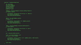 Connection * CreateServerConnection()
{
char buffer[1024];
std::string cfgAddress;
unsigned long address;
std::string cfgPort;
unsigned short port;
Connection * result;
cfgAddress = ConfigurationManager::Instance().GetValue("address");
if (cfgAddress.empty())
{
sprintf(buffer, "Configuration value missing: %s", "address");
Log::Instance().Write(buffer);
throw ConnectionException(buffer);
}
address = inet_addr(cfgAddress.data());
if (address == -1)
{
sprintf(buffer, "Invalid address: %s", cfgAddress.data());
Log::Instance().Write(buffer);
throw ConnectionException(buffer);
}
cfgPort = ConfigurationManager::Instance().GetValue("port");
if (cfgPort.empty())
{
sprintf(buffer, "Configuration value missing: %s", "port");
Log::Instance().Write(buffer);
throw ConnectionException(buffer);
}
port = htons(atoi(cfgPort.data()));
result = new Connection(address, port);
if (!result || !result->IsOK())
{
sprintf(buffer, "Failed to connect: %s:%s", cfgAddress.data(), cfgPort.data());
Log::Instance().Write(buffer);
throw ConnectionException(buffer);
}
return result;
}
 