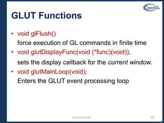 GLUT Functions
• void glFlush()
force execution of GL commands in finite time
• void glutDisplayFunc(void (*func)(void));
sets the display callback for the current window.
• void glutMainLoop(void);
Enters the GLUT event processing loop
10Budditha Hettige
 