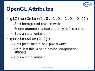 OpenGL Attributes
• glClearColor(1.0, 1.0, 1.0, 0.0);
– Sets background color to white
– Fourth argument is transparency; 0.0 is opaque
– Sets a state variable
• glPointSize(2.0);
– Sets point size to be 2 pixels wide
– Note that this is not a device-independent
attribute
– Sets a state variable
11Budditha Hettige
 
