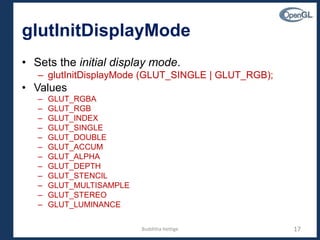 glutInitDisplayMode
• Sets the initial display mode.
– glutInitDisplayMode (GLUT_SINGLE | GLUT_RGB);
• Values
– GLUT_RGBA
– GLUT_RGB
– GLUT_INDEX
– GLUT_SINGLE
– GLUT_DOUBLE
– GLUT_ACCUM
– GLUT_ALPHA
– GLUT_DEPTH
– GLUT_STENCIL
– GLUT_MULTISAMPLE
– GLUT_STEREO
– GLUT_LUMINANCE
17Budditha Hettige
 
