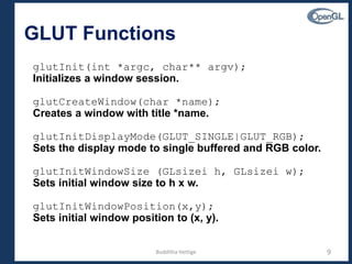 GLUT Functions
glutInit(int *argc, char** argv);
Initializes a window session.
glutCreateWindow(char *name);
Creates a window with title *name.
glutInitDisplayMode(GLUT_SINGLE|GLUT_RGB);
Sets the display mode to single buffered and RGB color.
glutInitWindowSize (GLsizei h, GLsizei w);
Sets initial window size to h x w.
glutInitWindowPosition(x,y);
Sets initial window position to (x, y).
9Budditha Hettige
 