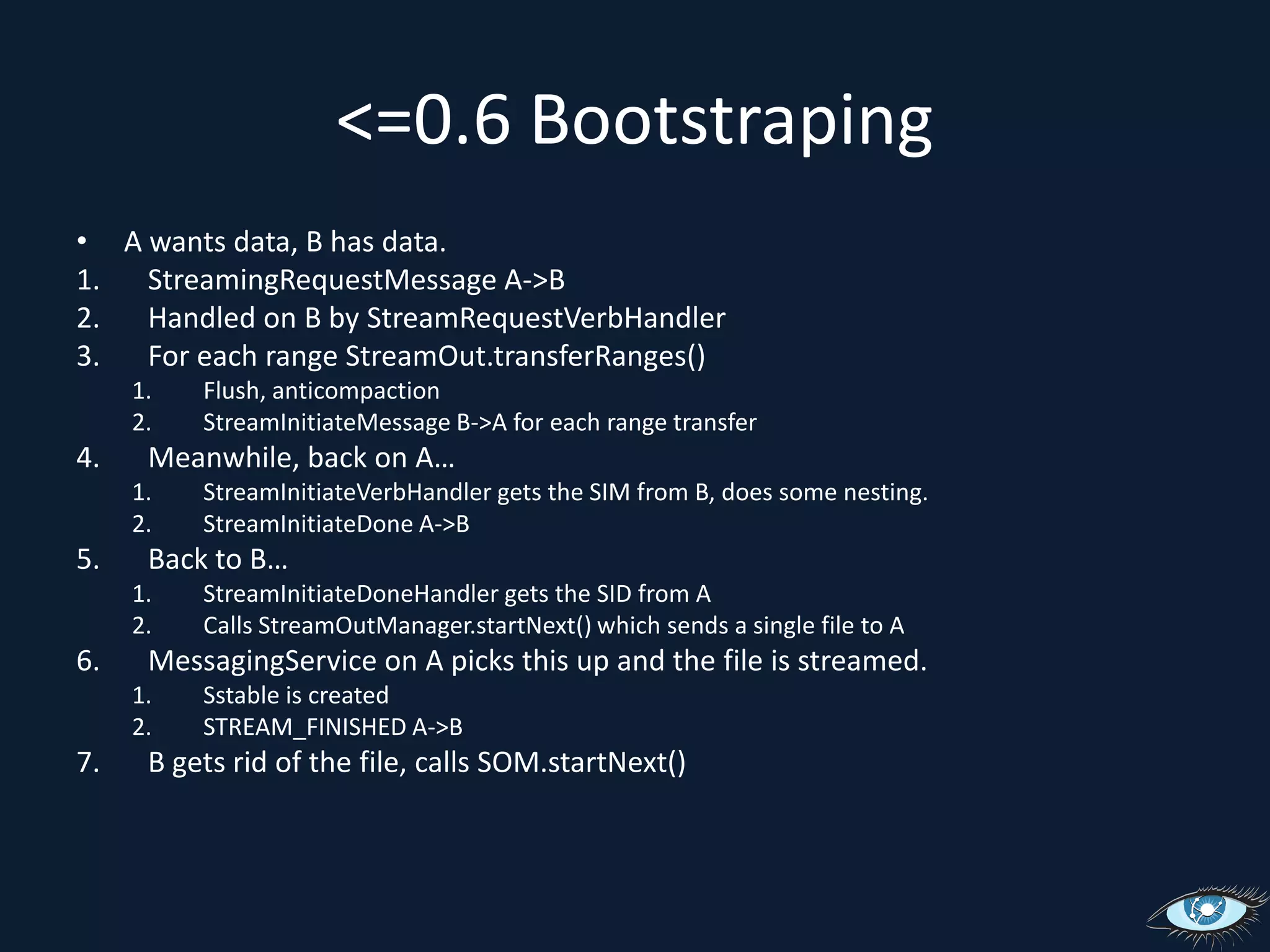 <=0.6 BootstrapingA wants data, B has data.StreamingRequestMessage A->BHandled on B by StreamRequestVerbHandlerFor each range StreamOut.transferRanges()Flush, anticompactionStreamInitiateMessage B->A for each range transferMeanwhile, back on A…StreamInitiateVerbHandler gets the SIM from B, does some nesting.StreamInitiateDone A->BBack to B…StreamInitiateDoneHandler gets the SID from ACalls StreamOutManager.startNext() which sends a single file to AMessagingService on A picks this up and the file is streamed.Sstable is createdSTREAM_FINISHED A->BB gets rid of the file, calls SOM.startNext()
