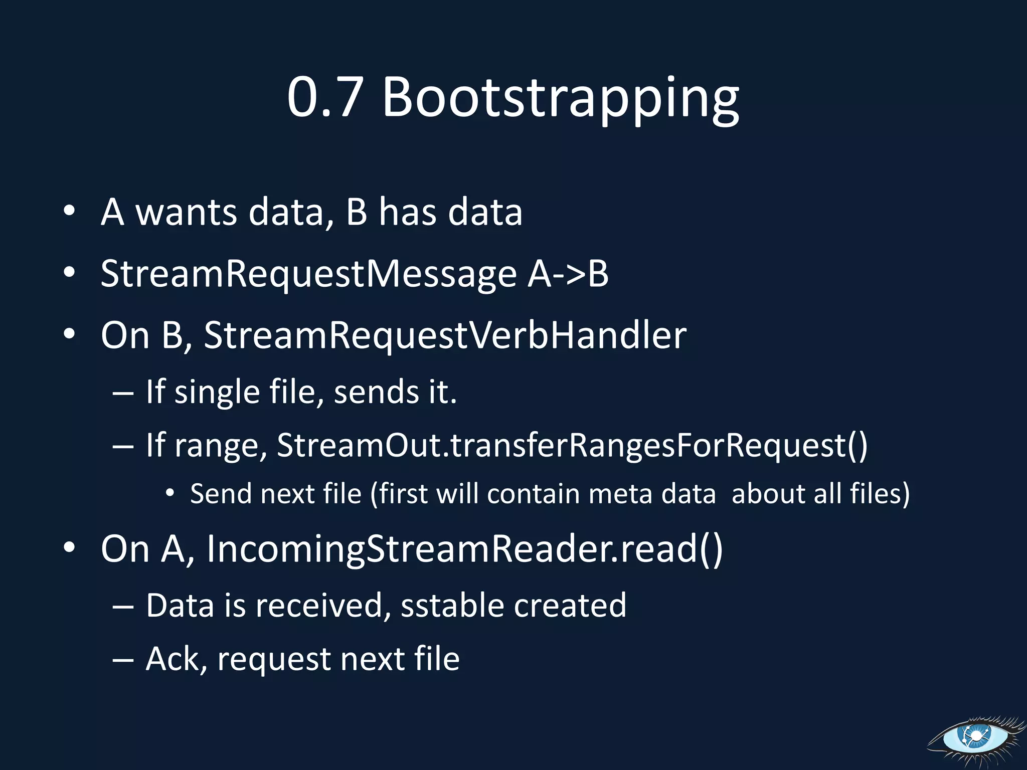 0.7 BootstrappingA wants data, B has dataStreamRequestMessage A->BOn B, StreamRequestVerbHandlerIf single file, sends it.If range, StreamOut.transferRangesForRequest()Send next file (first will contain meta data  about all files)On A, IncomingStreamReader.read()	Data is received, sstable createdAck, request next file