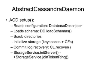AbstractCassandraDaemonACD.setup():Reads configuration: DatabaseDescriptorLoads schema: DD.loadSchemas()Scrub directoriesInitialize storage (keyspaces + CFs)Commit log recovery: CL.recover()StorageService.initServer() -> StorageService.joinTokenRing()