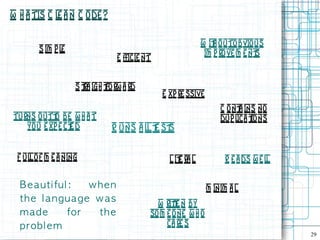 W h a tis C l a n C ode ?
             e

                                                           W it outo bvio us
                                                               h
       S im p le                                            im p rove m e nt
                                                                           s
                               E fficie nt


                   S t igh t rw a rd
                     ra    fo
                                             E xp re ssive
                                                                 C o nt ins no
                                                                       a
Turns outt be w h a t
           o                                                     dup l t
                                                                      ica ions
   you e xp e ct d
               e             R uns a l t st
                                      le s

 F ul o f m e a ning
     l                                         L it ra l
                                                   e              R e a ds w e ll

  B e a u t i fu l :   when                                  M inim a l
  th e l anguage was                       W rite n by
                                                t
  made             for  th e             som e one w h o
  p rob l e m                                ca re s
                                                                                    29
 