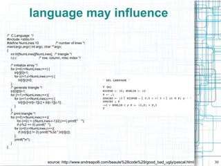 language may influence
/* C Language */
#include <stdio.h>
#define NumLines 10               /* number of lines */
main(argc,argv) int argc; char **argv;
{
   int tri[NumLines][NumLines], /* triangle */
   r,c,i;             /* row, column, misc index */

    /* initialize array */
    for (r=0;r<NumLines;r++) {
        tri[r][0]=1;
        for (c=1;c<NumLines;c++) {
             tri[r][c]=0;
    };
    /* generate triangle */
    tri[0][0]=1;
    for (r=1;r<NumLines;r++){
        for (c=1;c<NumLines;c++) {
             tri[r][c]=tri[r-1][c] + tri[r-1][c-1];
        }
    };
    /* print triangle */
    for (r=0;r<NumLines;r++){
           for (i=0;i < ((NumLines-r-1)/2);i++) printf("     ");
           if (r%2 == 0) printf(" ");
        for (c=0;c<NumLines;c++){
             if (tri[r][c] != 0) printf("%3d ",tri[r][c]);
        };
        printf("n");
    }
}



                                 source: http://www.andreapolli.com/beaute%28code%29/good_bad_ugly/pascal.html   30
 