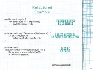R e fa c t ore d
                          E xampl e

public void pay() {
    for (Employee e : employees)                Itj it ra t s ove r
                                                  ust e e
        payIfNecessary(e);                        t e em pl es
                                                   h       oye
}


private void payIfNecessary(Employee e) {
                                                 C h e cks w h e t e r a n
                                                                  h
    if (e.isPayday())
        calculateAndDeliverPay();
                                            e m p l e o ugh tt be p a id
                                                   oye             o
}


private void
                                                      P a ys t e
                                                              h
calculateAndDeliverPay(Employee e) {
    Money pay = e.calculatePay();
                                                     e m p l ye e
                                                            o
    e.deliverPay(pay);
}



                                            is this exaggerated?
                                                                             45
 